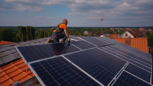 solar panesl or photovoltaic plant on the roof of a house. Generative AI.