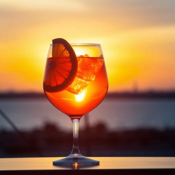 Aperol Spritz Cocktail on sunset. Alcoholic beverage based on table with ice cubes and oranges