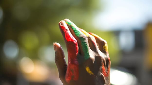 African American hand painted in Juneteenth colors raised in the air. Juneteenth Freedom Day Celebration. Juneteenth and african liberation day. Generative ai.