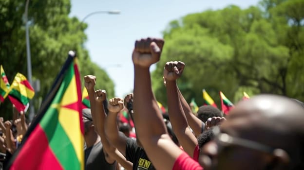 Juneteenth Freedom Day Celebration. African American people raised fists in the air. Juneteenth and african liberation day. Generative ai.