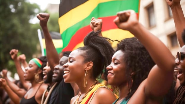Juneteenth Freedom Day Celebration. African American people raised fists in the air. Juneteenth and african liberation day. Generative ai.