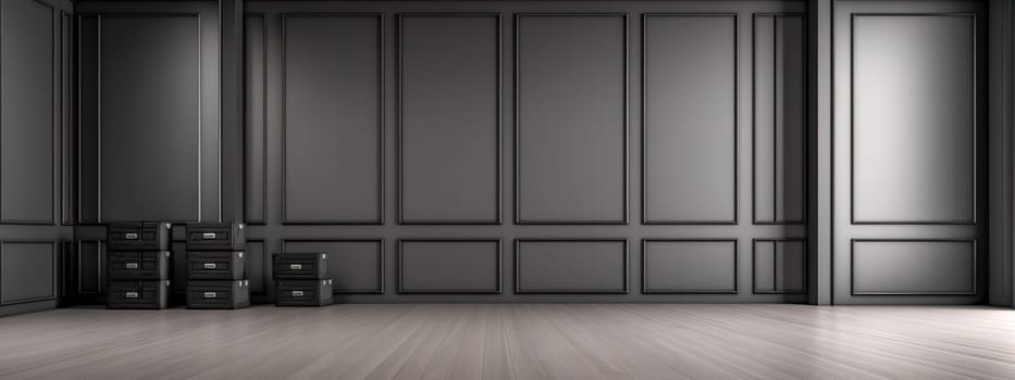empty room with cupboards and storage space, stock, banner, made with Generative AI. High quality illustration