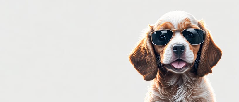 Banner of cute happy cocker spaniel puppy on white background. Space for text. Copy Space. Generative Ai