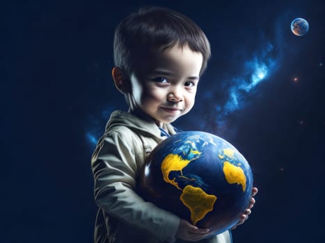 Small child is holding the Earth. Save the planet. Earth Day. Future is in Their Hands. Generative Ai