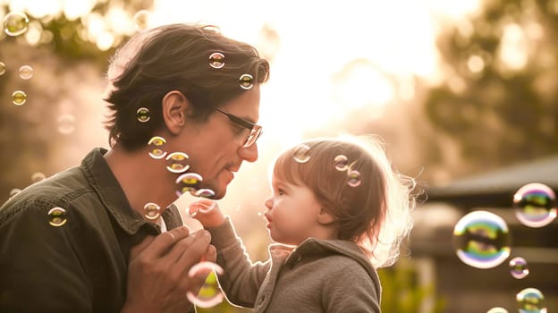 Father and his little child playing with bubbles during the golden hour. Concept of fathers day, fathers love, relationships between dad and child. Generative Ai.