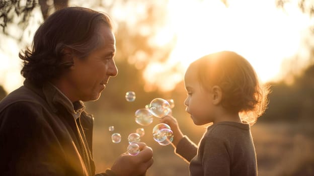 Father and his little child playing with bubbles during the golden hour. Concept of fathers day, fathers love, relationships between dad and child. Generative Ai.