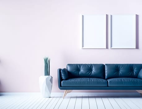 Blank frame mockup for artwork or print on pastel pink wall with blue couch, copy space. Interior design. Generative Ai