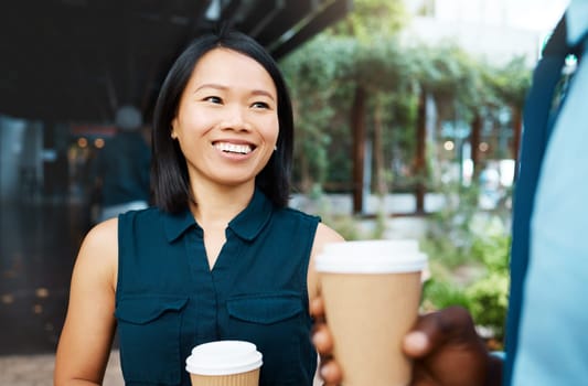 Coffee, communication and Asian woman and black man in city, conversation or talking while drinking espresso. Tea, chatting and business people speaking or in discussion on a break outdoors together