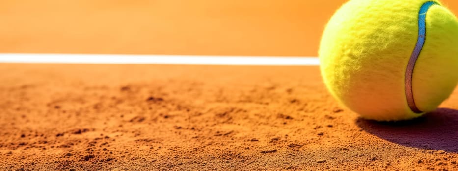 tennis ball on clay, banner with copy space, made with Generative AI. High quality illustration
