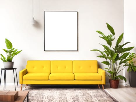 One frame mockup for artwork or print on white wall with yellow couch eucalyptus green plants in vase, copy space. Interior design. Generative Ai