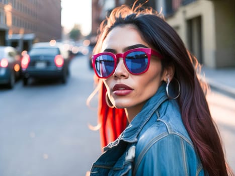 Charming caucasian woman with black long hair in red sunglasses wearing stylish denim jacket looking at the camera standing on a blurred city background. Hipster girl. Generative Ai