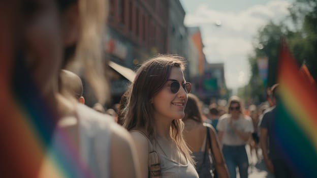 Happy people at gay pride parade. Pride month celebration, LGBTQ rainbow flag. Generative Ai