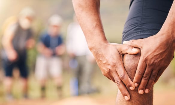 Knee pain, injury and hands of senior black man after hiking accident outdoors. Sports, training hike or elderly male with fibromyalgia, leg inflammation or arthritis, broken bones or painful muscles.
