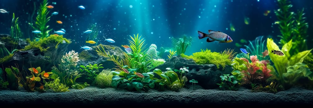 aquarium, colorful underwater world with fish and plants, banner with copy space, made with Generative AI. High quality illustration