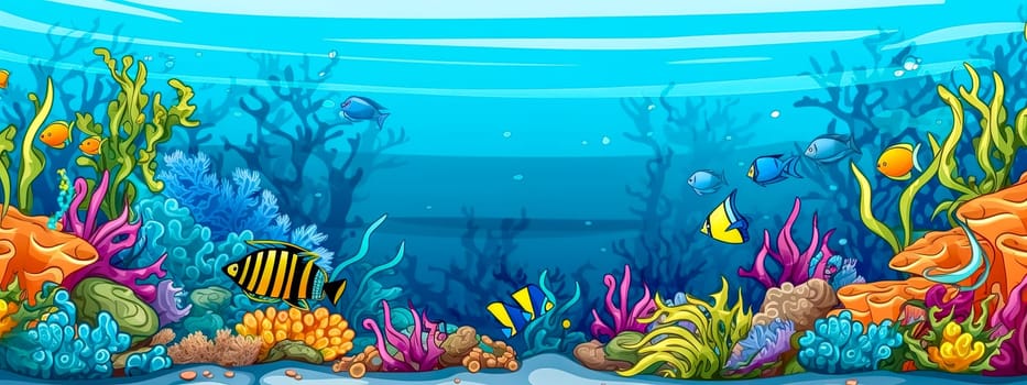 aquarium, colorful underwater world with fish and plants, banner with copy space, made with Generative AI. High quality illustration