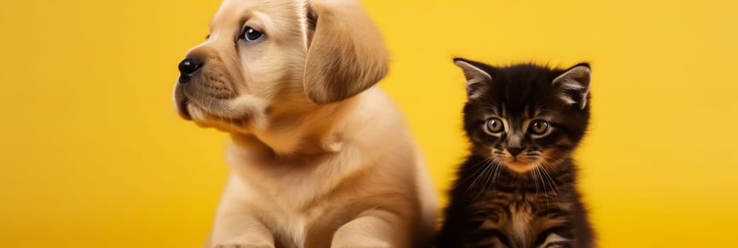 Cute puppy and kitten on yellow background, space for text. Banner design