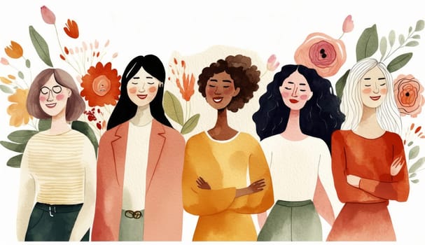 Female diverse faces profile watercolor style, different ethnicity and hairstyle. Woman empowerment movement. Happy International Women's day, 8 March. Generative ai