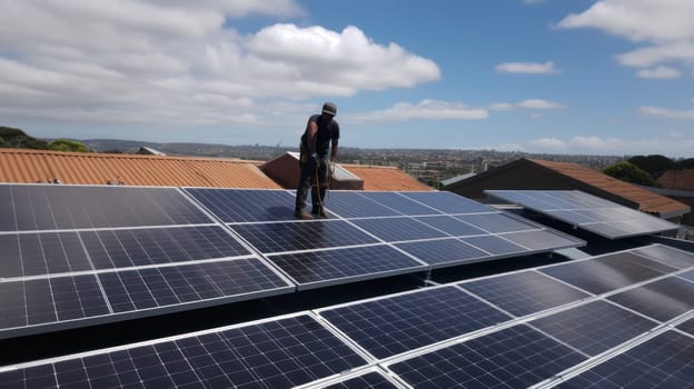 solar panesl or photovoltaic plant on the roof of a house. Generative AI.