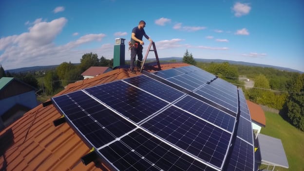 solar panesl or photovoltaic plant on the roof of a house. Generative AI.