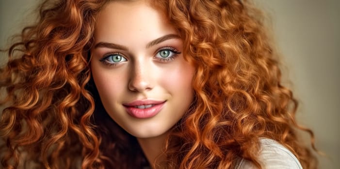 portrait of a young woman with curly hair, made with Generative AI. High quality illustration