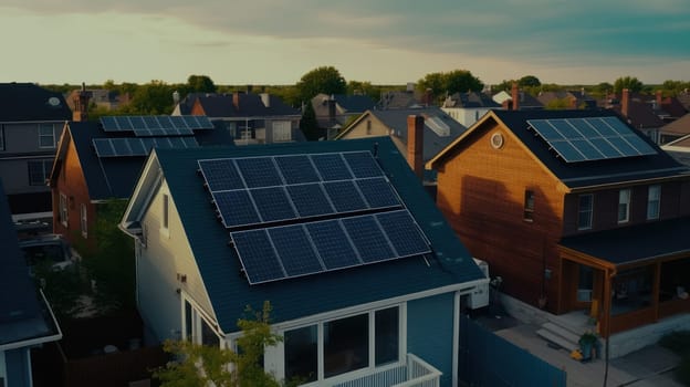 solar panesl or photovoltaic plant on the roof of a house. Generative AI.