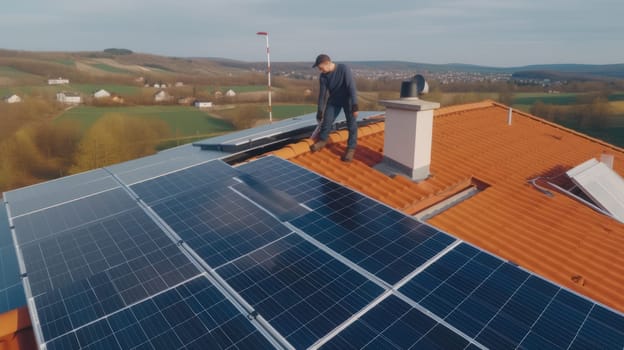 solar panesl or photovoltaic plant on the roof of a house. Generative AI.