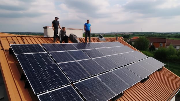 solar panesl or photovoltaic plant on the roof of a house. Generative AI.