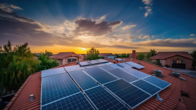 solar panesl or photovoltaic plant on the roof of a house. Generative AI.