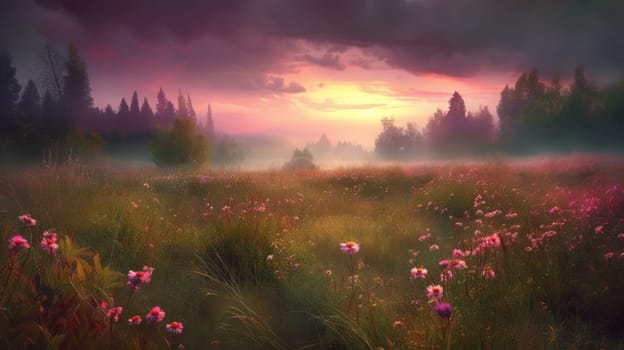 Pink flower filed with beautiful pink sky. Generative AI.