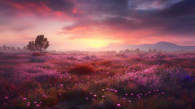 Pink flower filed with beautiful pink sky. Generative AI.