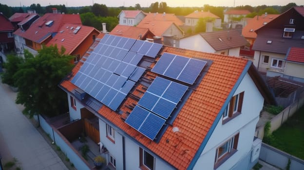 solar panesl or photovoltaic plant on the roof of a house. Generative AI.