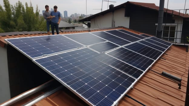 solar panesl or photovoltaic plant on the roof of a house. Generative AI.