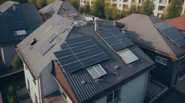 solar panesl or photovoltaic plant on the roof of a house. Generative AI.