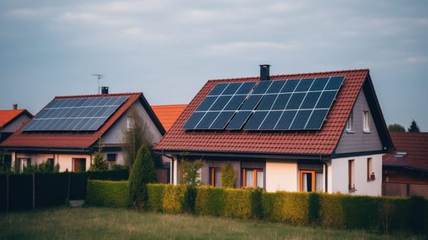 solar panesl or photovoltaic plant on the roof of a house. Generative AI.