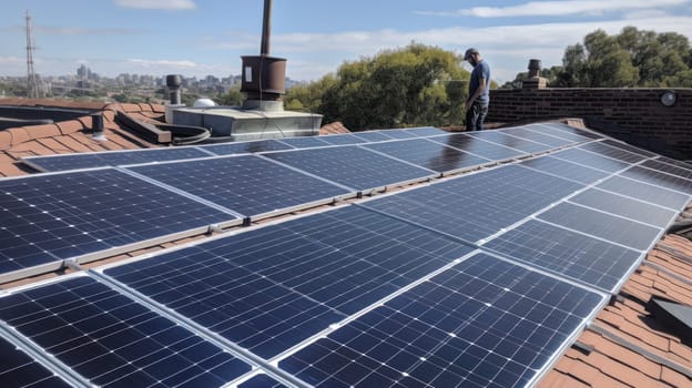 solar panesl or photovoltaic plant on the roof of a house. Generative AI.