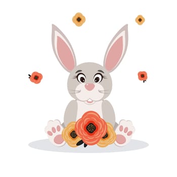 grey cute rabbit holding pink and yellow flowers