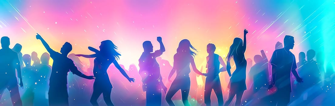 people dancing at disco party, colorful light show, banner, made with Generative AI. High quality illustration