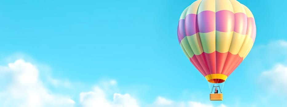 colorful hot air balloon in blue sky, banner with copy space, made with Generative AI. High quality illustration