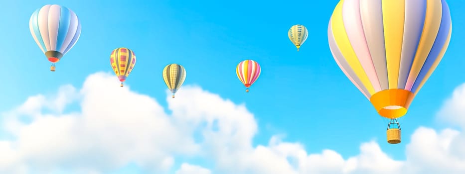 colorful hot air balloon in blue sky, banner, made with Generative AI. High quality illustration