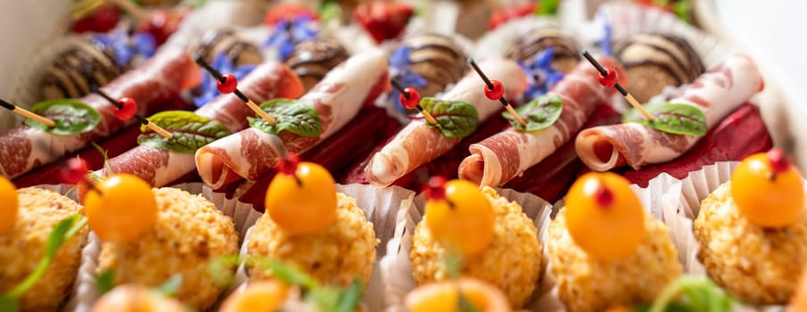 Catering service. Set of beautiful canapes. Buffet table. Shallow depth of view