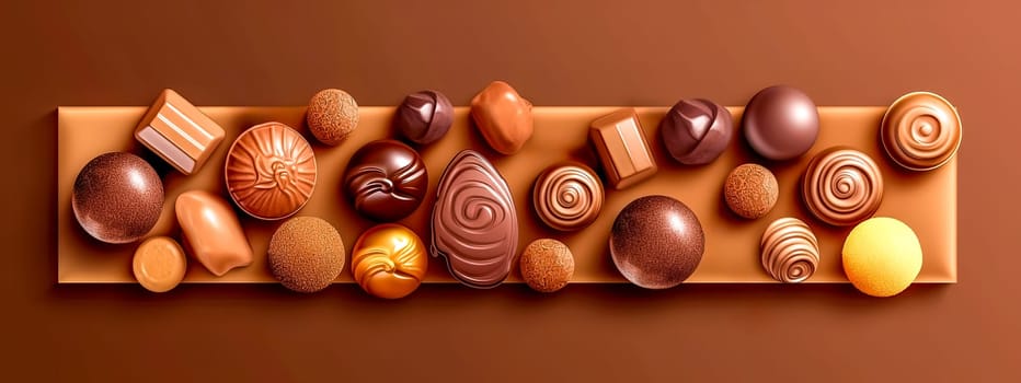 variations of chocolate candies of different types and flavors, banner, made with Generative AI. High quality illustration