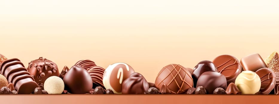 variations of chocolate candies of different types and flavors, banner, made with Generative AI. High quality illustration