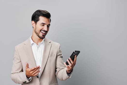 man hold call beard white internet male portrait business selfies online suit happy smartphone technology guy handsome confident copy phone space smile