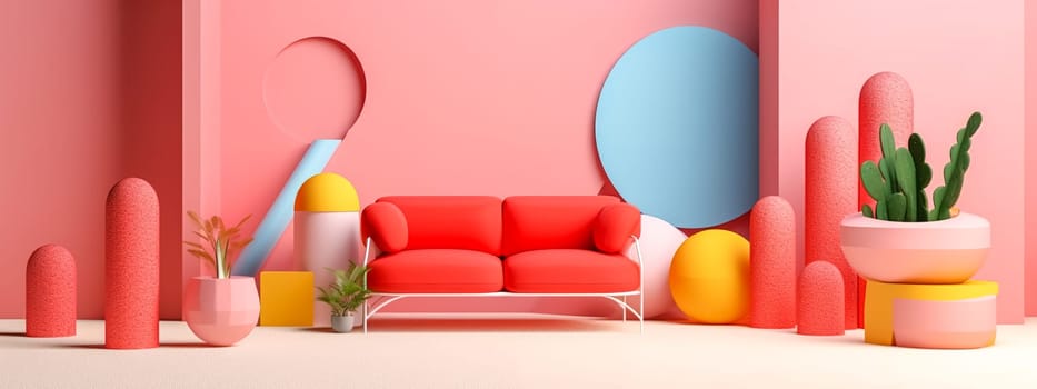 interior memphis style, banner with copy space, made with Generative AI. High quality illustration