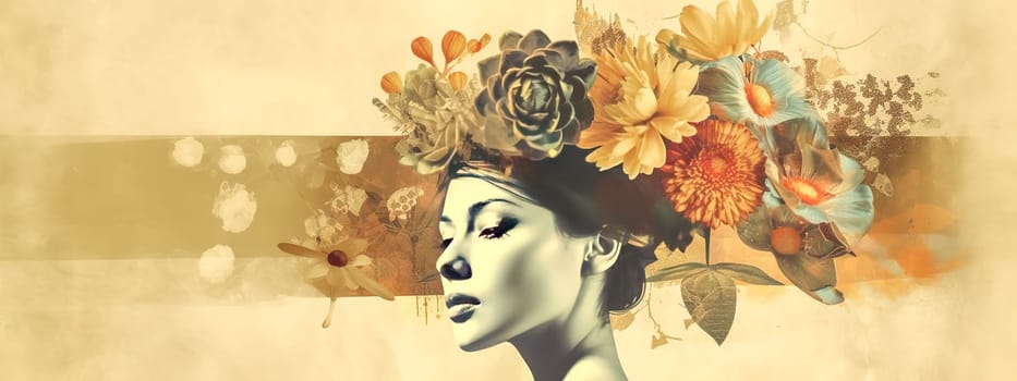 woman with flowers, retro collage style banner with copy space, made with Generative AI. High quality illustration
