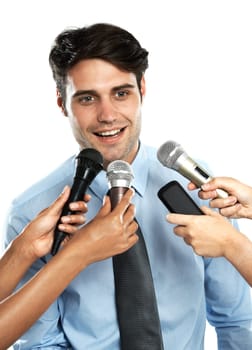 Reporter, microphone and interview for happy businessman, government worker or corporate speaker. Speech, communication and hands of news journalist question to politician on white background studio.