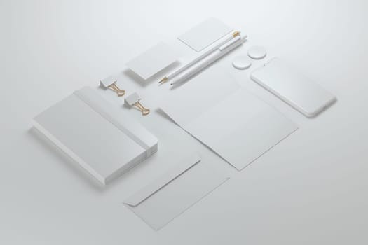 Office stationery set, envelope, sheet, business cards, pencil, pen and notebook. Mockup design. 3d illustration.