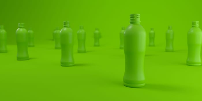 Formation of several plastic bottles on a green studio background. concept of plastic recycling and reuse on the planet. 3D rendering