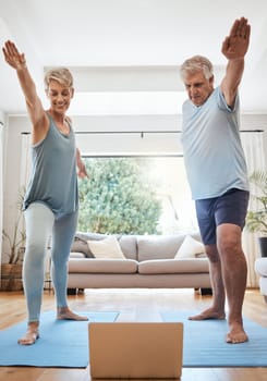 Yoga stretching, laptop and senior couple in a video call class for retirement wellness, workout motivation and pilates exercise in Dallas home. Healthy elderly people in cardio with online support.
