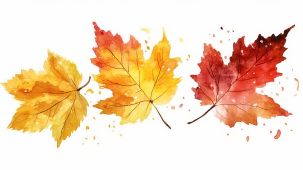 A shimmering orange and yellow maple leaf falls gracefully against a white background. AI Generative